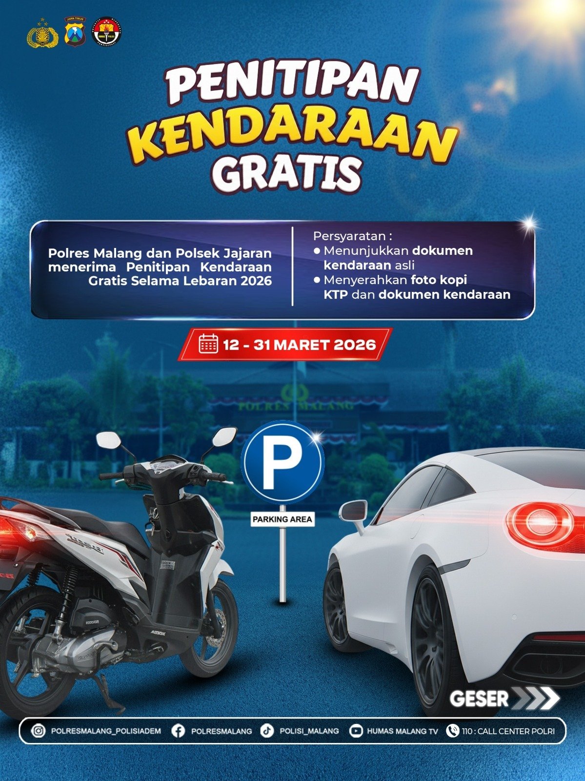 Mudik Lebaran 2026, Polres Malang Buka Layanan Titip Kendaraan Gratis