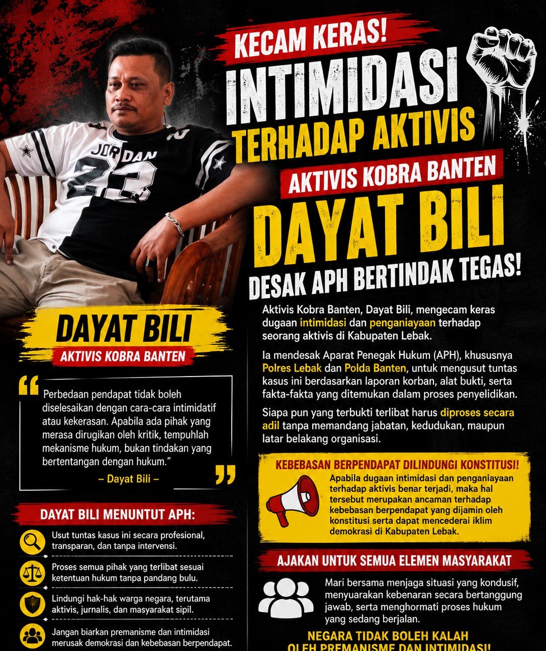 Aktivis Kobra Banten Dayat Bili Kecam Dugaan Intimidasi terhadap Aktivis, Desak APH Bertindak Tegas