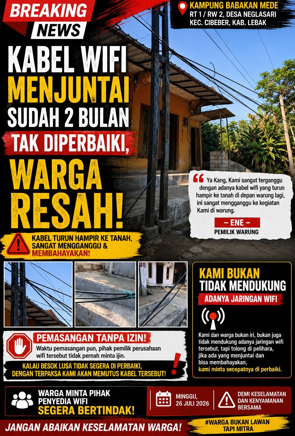 Warga Babakan Mede Keluhkan Kabel WiFi Menjuntai Dua Bulan Tak Kunjung Diperbaiki