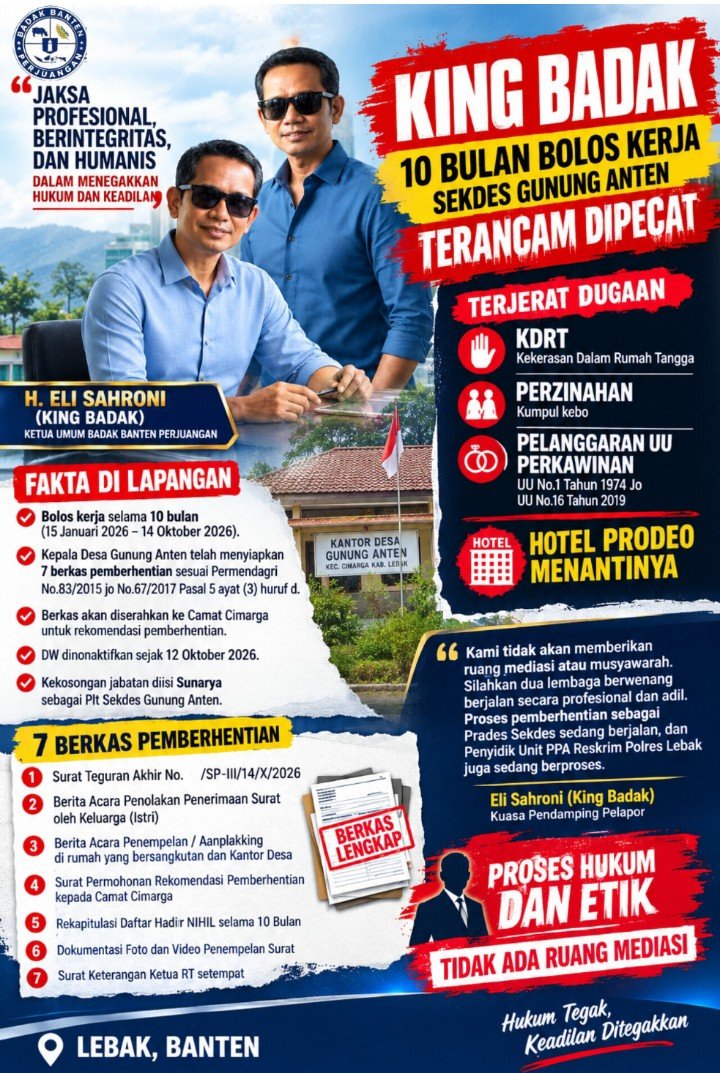 KING BADAK, 10 Bulan Bolos Kerja, Sekdes Gunung Anten Terancam Dipecat. Terjerat Dugaan KDRT,