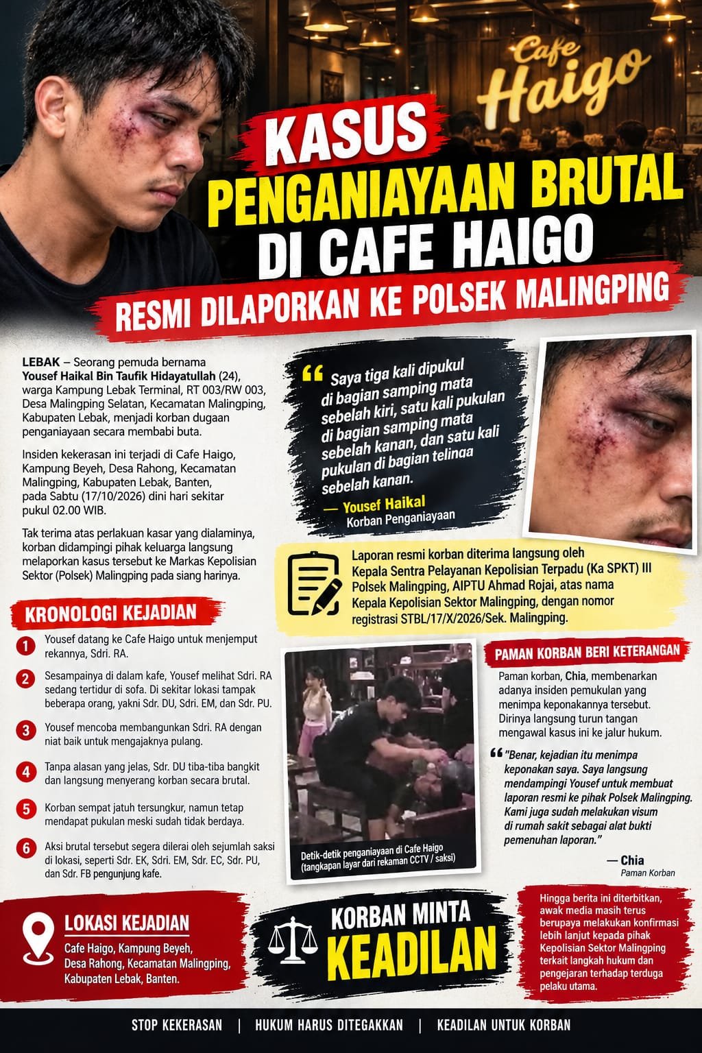 Didampingi Keluarga, Korban Penganiayaan di Cafe Haigo Malingping Laporkan Sdr. DU ke Polisi