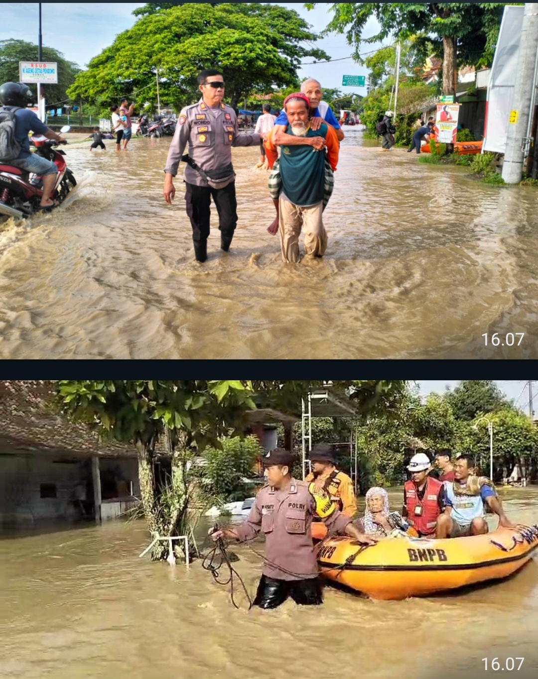 Polisi Bantu Evakuasi Korban Banjir Desa Pilangwetan